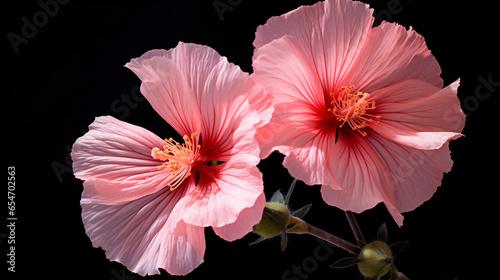 A close up of two pink flowers on a black background