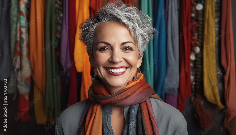 40-year-old woman yoga master in a stylish scarf smiling against a background of multi-colored fabrics