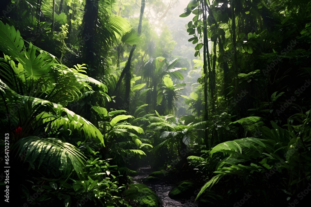 Tropical rainforest with sunbeams shining through the leaves