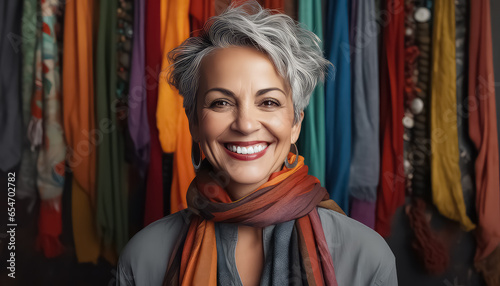 40-year-old woman yoga master in a stylish scarf smiling against a background of multi-colored fabrics