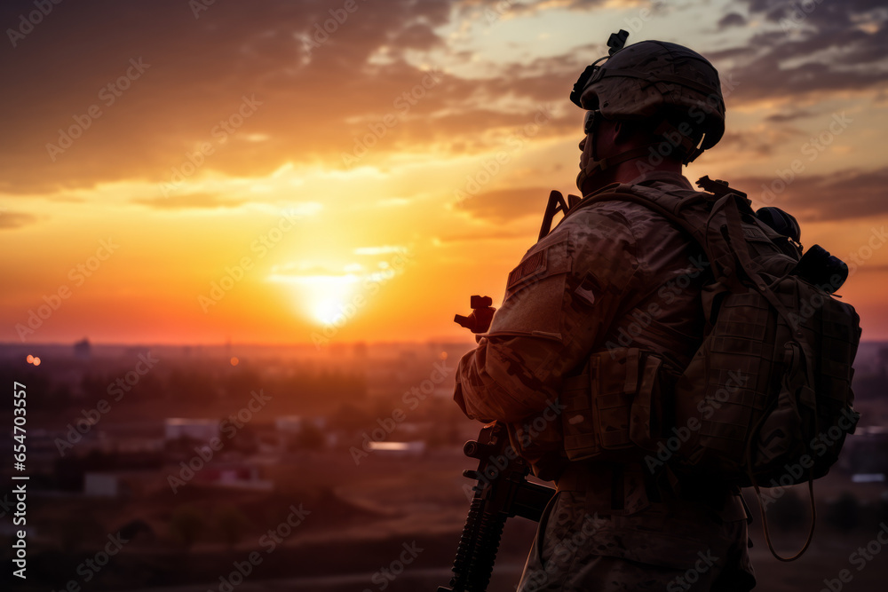 A silhouette view of a soldier on duty as he watches a colorful sunset on the western horizon A silhouette view of a soldier on duty as he watches a colorful sunset on the western horizon