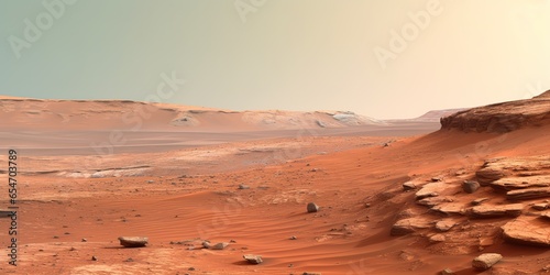 AI Generated. AI Generative. Nature outdoor martian planet surface landscape background. Red galaxy planet travel exploration. Future adventures galaxy space tour inspiration desert walk
