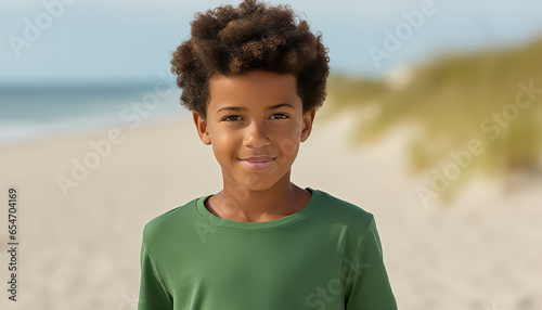 Portrait of a young black boy on a beach background