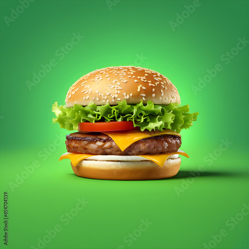 Delicious Cheese Burger on Vibrant Green Background, Fast Food Photography, Tasty Hamburger with Fresh Ingredients