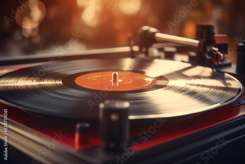 Needle over vintage record player. Music concept