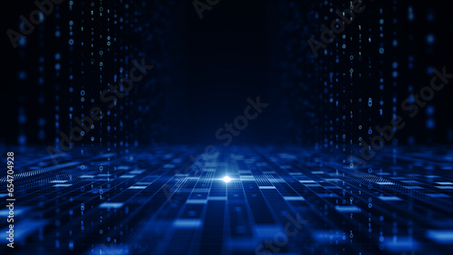 Digital cyberspace with number for big data, Futuristic information technology with digital data network connection, Abstract background blue color on dark background, 3D rendering