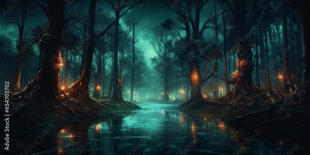 Night and Gloomy Fantasy Forest Scene