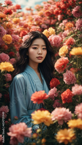 Portrait of beautiful Korean women in the land full of flowers © tatag