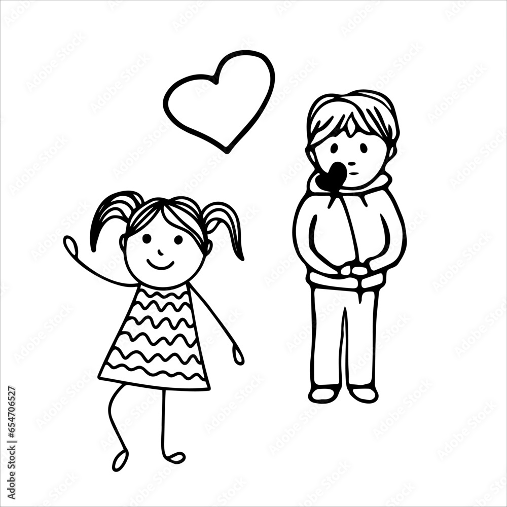 A joyful girl and a sad boy in love. Unrequited love. Vector black-and-white hand-drawn doodles. Template design, icon, clipart, sketch. February 14. valentine's day. A joyful girl and a sad boy in love. Unrequited love. Vector black-and-white hand-drawn doodles. Template design, icon, clipart, sketch. February 14. valentine's day.
