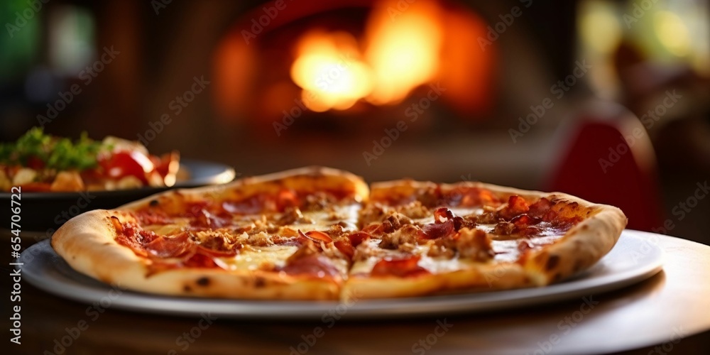 Tasty Pizza on Wooden Table with Blurred Fancy Background