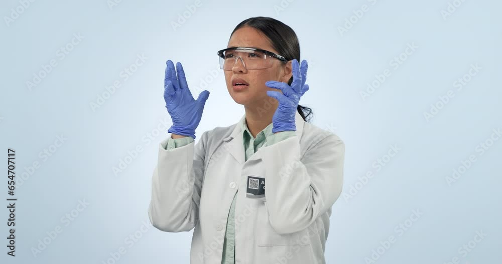 Frustrated, scientist and anxiety from thinking of mistake, fail or problem in lab on blue background in studio. Woman, stress and hands on head in science laboratory with depression or burnout Frustrated, scientist and anxiety from thinking of mistake, fail or problem in lab on blue background in studio. Woman, stress and hands on head in science laboratory with depression or burnout