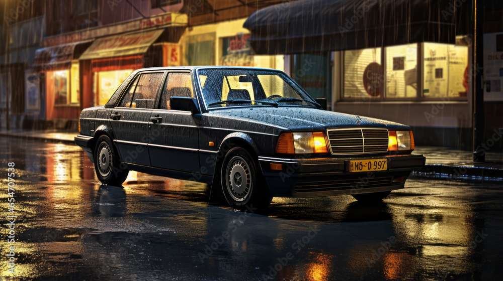 A car parked on the side of the street rain drops dripping off the windows A car parked on the side of the street rain drops dripping off the windows
