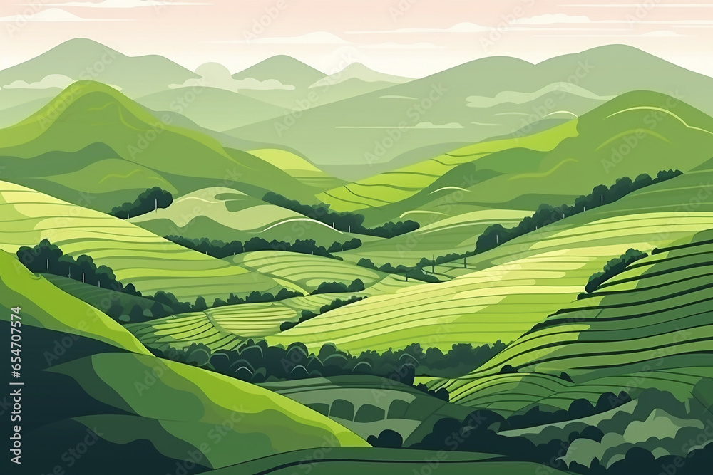 Green tea plantation landscape vector illustration. Cartoon flat rural farmland fields, terraced farmer tea plantation, hills with greenery and mountain on horizon. Asian agricultur