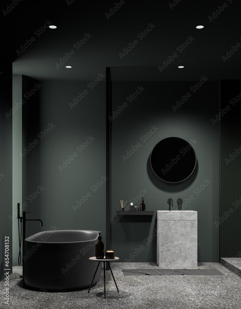 Dark green bathroom interior with tub and sink - obrazy, fototapety, plakaty 