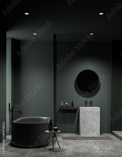 Fototapeta Naklejka Na Ścianę i Meble -  Dark green bathroom interior with tub and sink