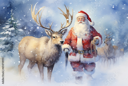 watercolour paint santa claus and reindeer with merry christmas, christmas festive celebration.