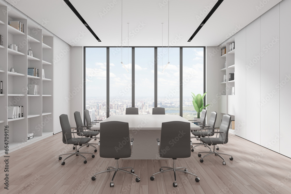 Panoramic white board room interior with bookcase Panoramic white board room interior with bookcase