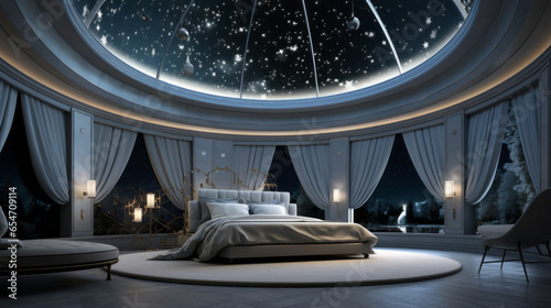 A celestial bedroom with a round bed beneath a celestial dome, projecting images of stars and galaxies on the ceiling photo