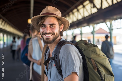 Portrait of smiling male traveler tourist with hat and backpack at train station