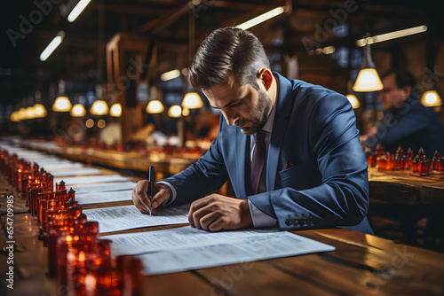 Handsome young man in a suit sitting at the table and signing a contract