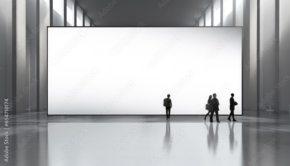 several people walking around a blank poster, in the style of interior scenes. - obrazy, fototapety, plakaty 