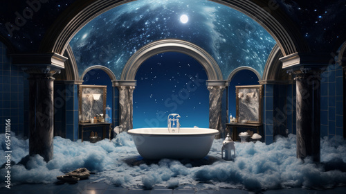 A celestial bathroom with walls that change color to mimic the phases of the moon, a lunar-shaped bathtub, and starry ceiling