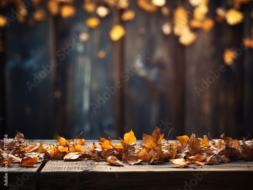 Autumn leaves on enemy fall  empty grunge wooden board and sunlight. Against the backdrop of the autumn mood bokeh
