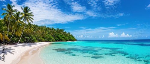Paradise beach of a tropical island, palm trees, white sand, azure water. Famous stone beach in the Seychelles. Generative AI. © Budjak Studio