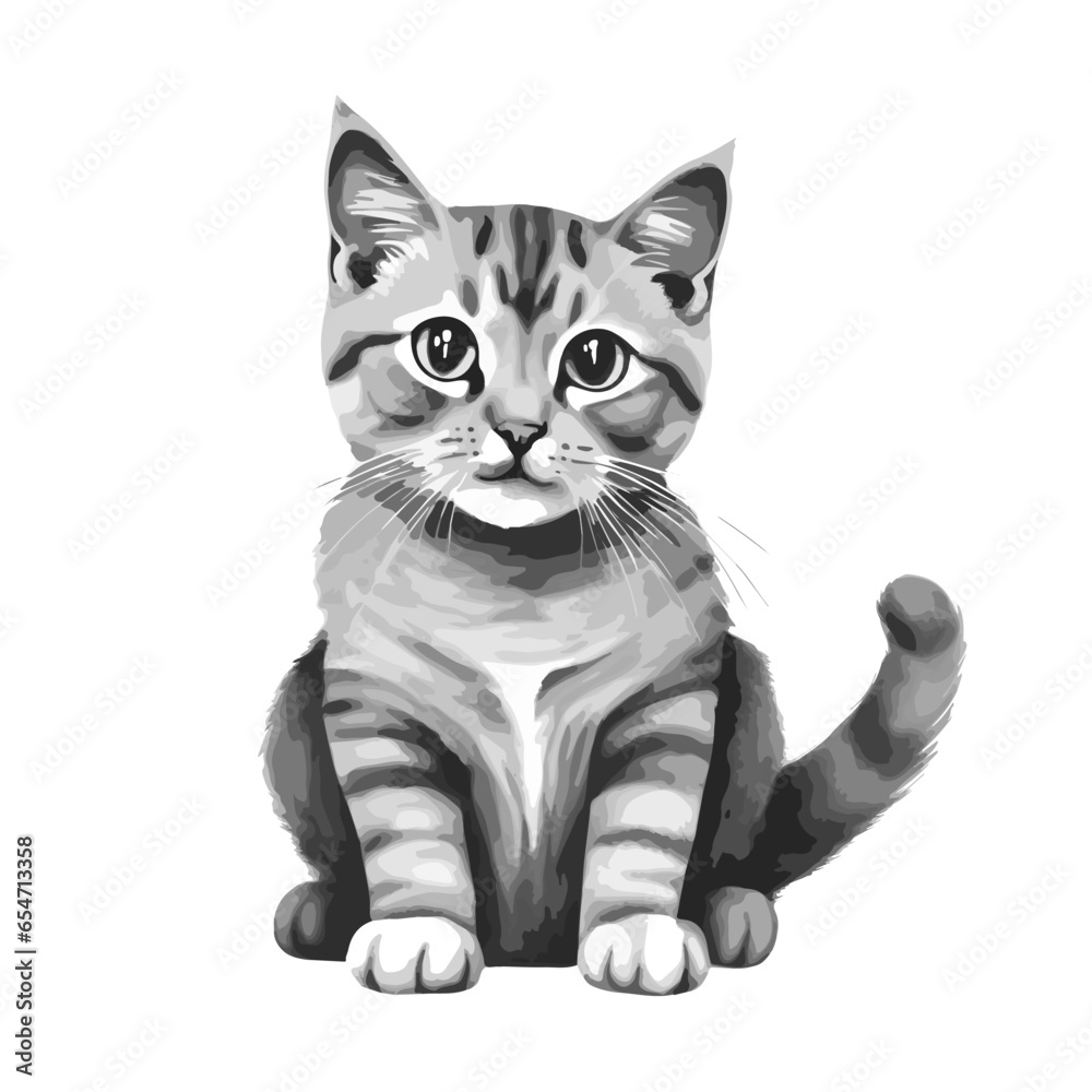 black and white vector illustration of a kitten, isolated on a white background, pencil sketch
