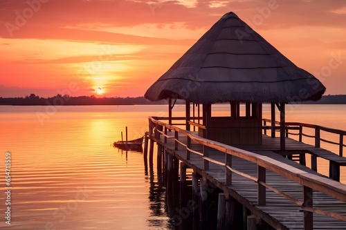 Beautiful sunset on the beach with wooden jetty © Mahmud7