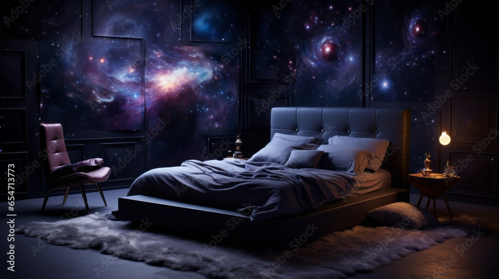 A celestial bedroom with a bed that gently rocks like a cradle and walls adorned with nebulae - obrazy, fototapety, plakaty 