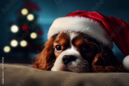Tiny cute happy and adorable puppy Cavalier King Charles, generative ai