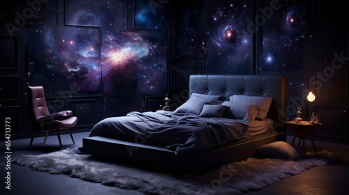 A celestial bedroom with a bed that gently rocks like a cradle and walls adorned with nebulae
