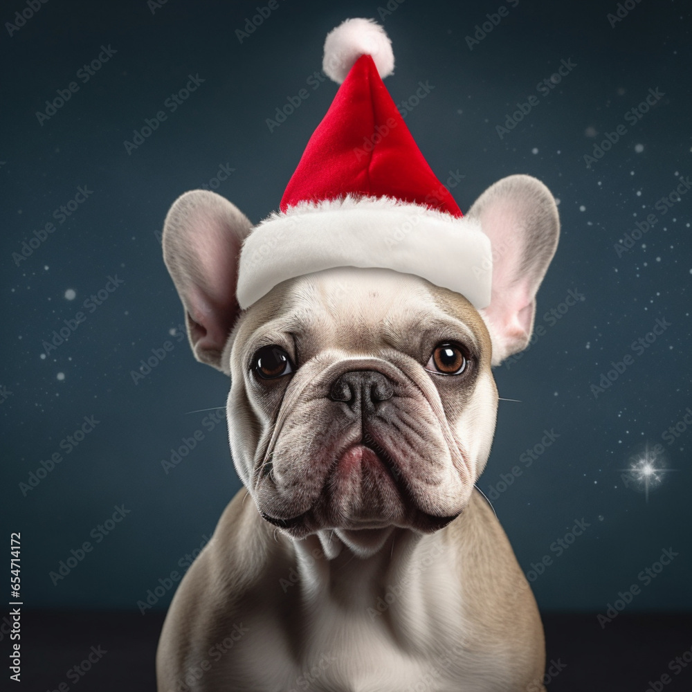a white french bouledogue with a santas hat, generative ai.
