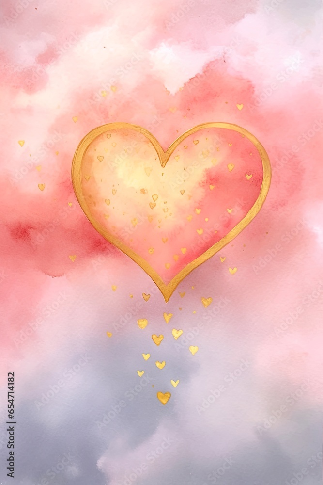 Soft colors and symbol shape of heart for romance, love, emotion, tenderness, togetherness. Pink and golden watercolor style heart floating in a pastel cloudy sky.  Celebration, wedding and Valentine