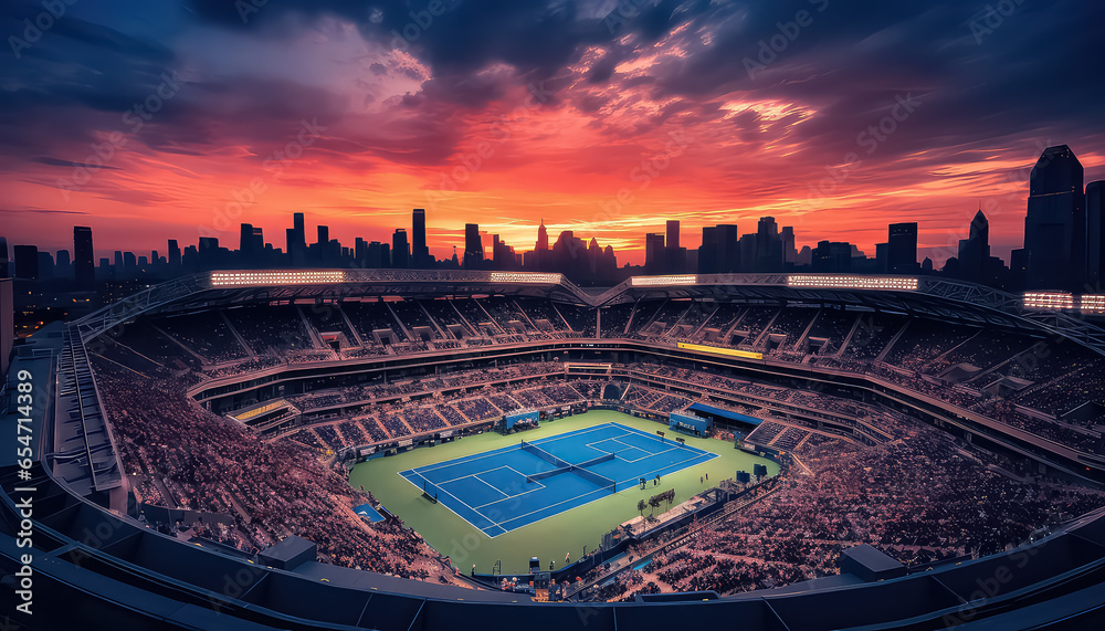 stadium full of fans at sunset at a tennis match - obrazy, fototapety, plakaty 