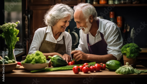 elderly couple is preparing vegetables in the kitchen