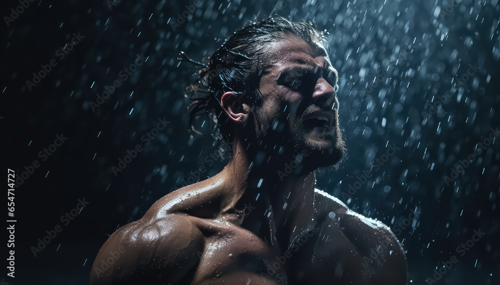 muscular man with water splashing against his face in the dark - obrazy, fototapety, plakaty 
