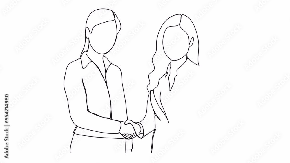 Two women in business suits shaking hands at business negotiations. One line drawing, animation with alpha channel. Two women in business suits shaking hands at business negotiations. One line drawing, animation with alpha channel.