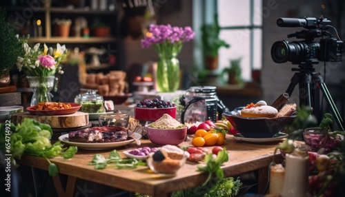 Photo of a delicious spread of food displayed on a rustic wooden table © Anna