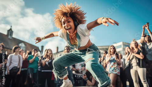 young woman performing in front of a crowd of people