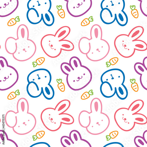 Seamless Pattern of Cartoon Rabbit Face and Carrot Design on White Background
