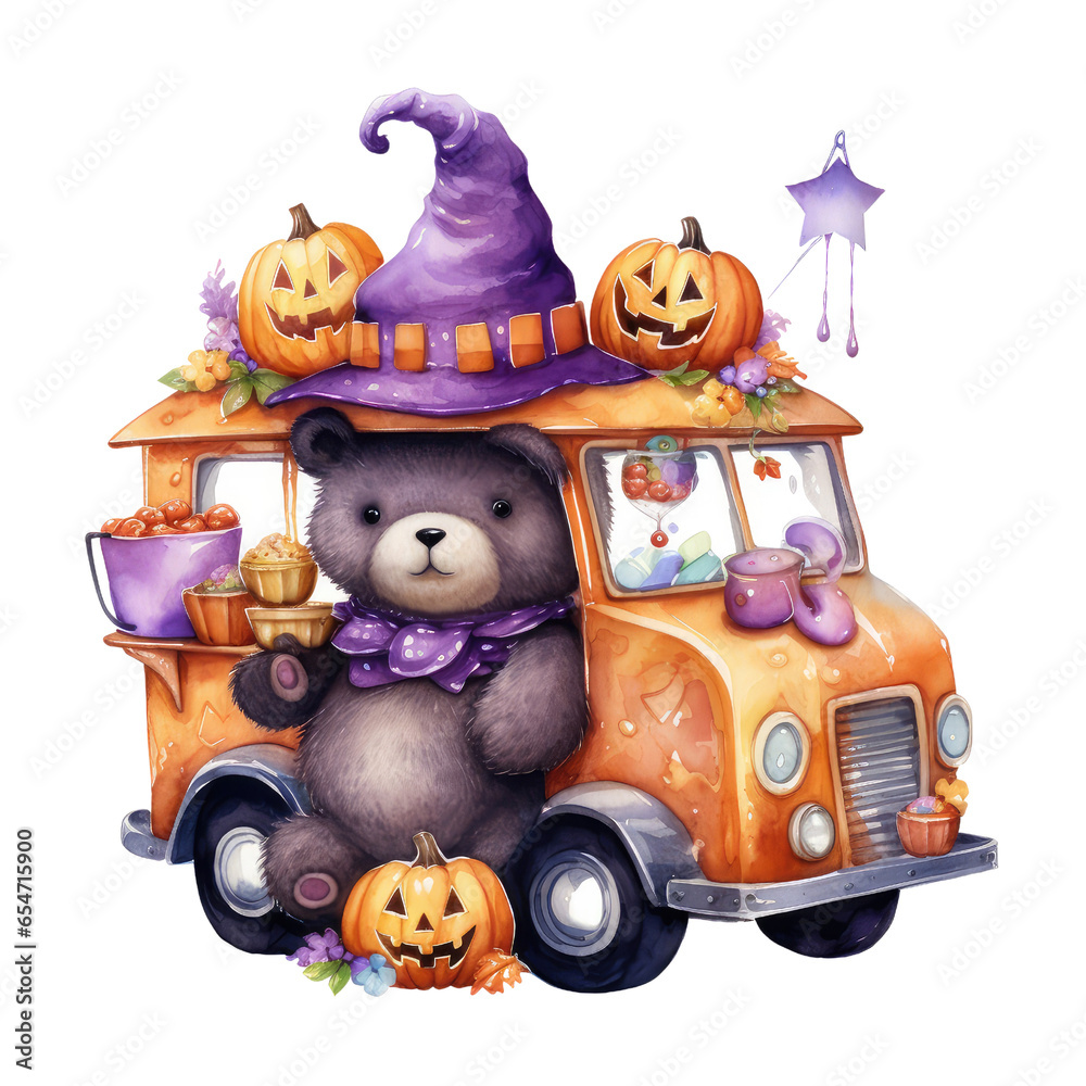 Fototapeta premium Halloween cute truck witch bear clipart