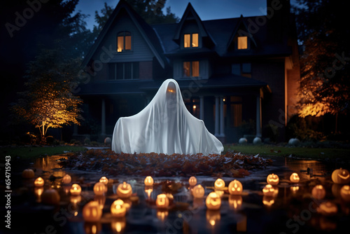 Photo of a colorful display of pumpkins and a ghost in front of a charming house photo