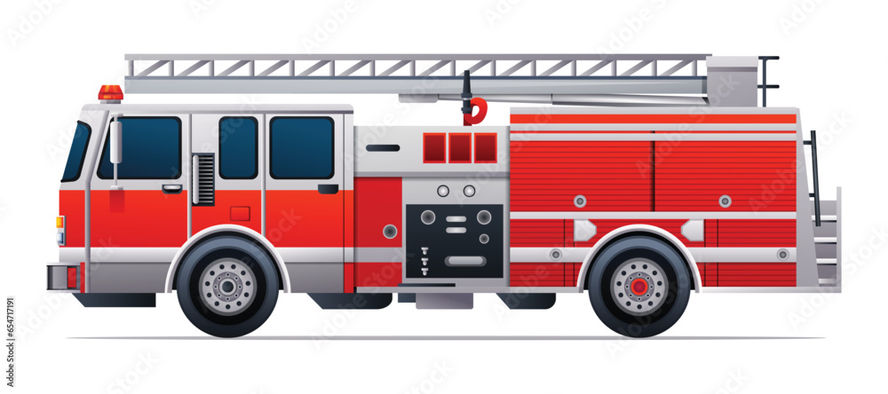 Red fire truck vector illustration. Emergency rescue truck side view isolated on white background Red fire truck vector illustration. Emergency rescue truck side view isolated on white background
