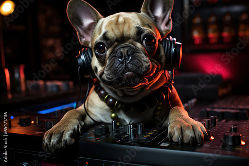 A small dog wearing headphones sitting in front of a mixer