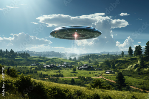 An alien flying over a lush green hillside