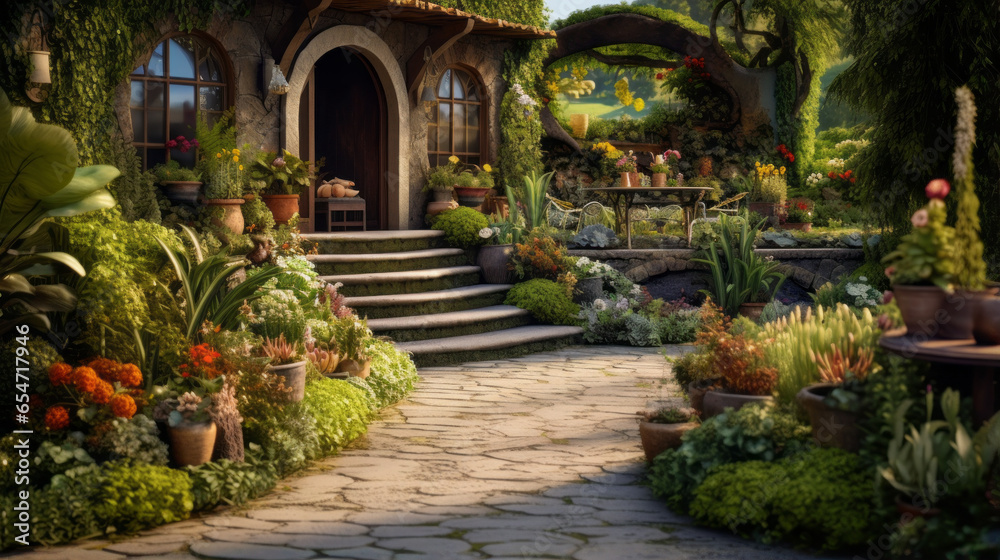 A charming and eclectic outdoor garden with meandering paths, and a profusion of vibrant blooms A charming and eclectic outdoor garden with meandering paths, and a profusion of vibrant blooms