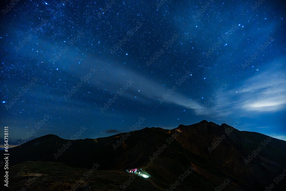 夜の那須岳(茶臼岳)と朝日岳を登る登山客のライトと山小屋とその上に輝く満天の星空と天の川　北斗七星　北極星