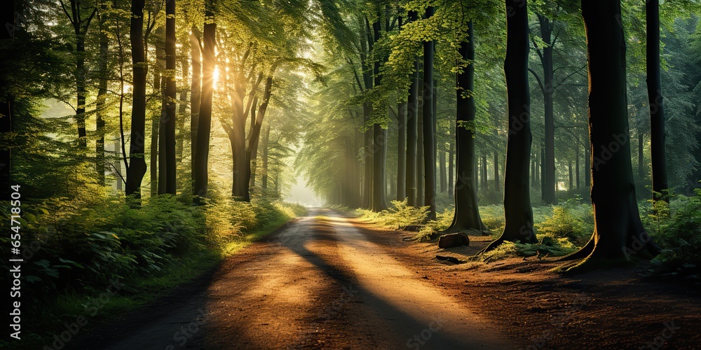 Fototapeta premium AI Generated. AI Generative. Outdoor nature adventure forest walk path road adventures background. Graphic Art